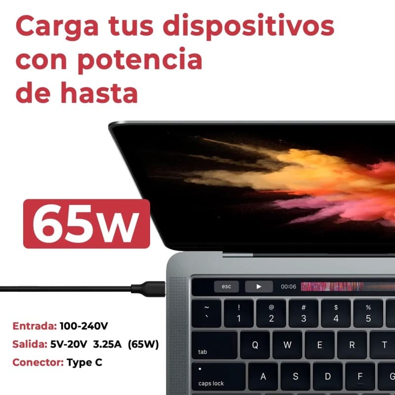 CARGADOR USB-C MULTIVOLTAJE PARA PORTÁTIL 5V-20V 3.25A 65W NEGRO thumbnail 3