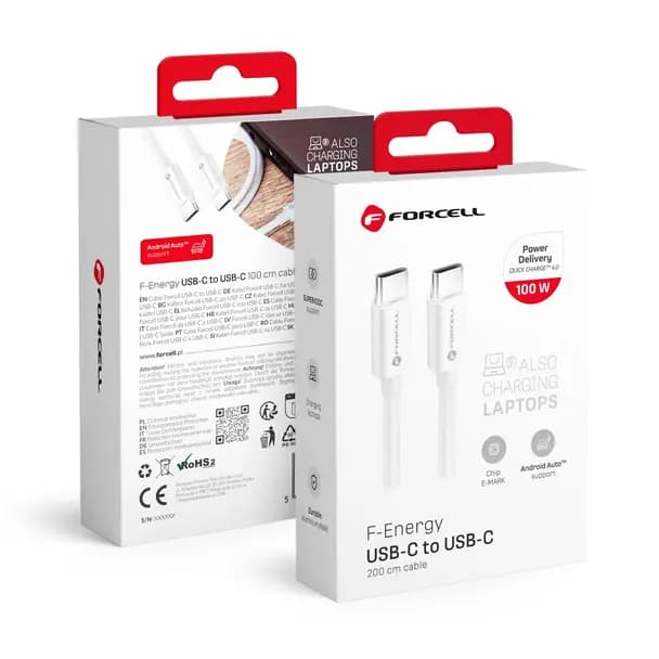 Forcell Cable USB C a USB C Forcell F-Energy QC4.0 PD 5A 100W 2m Blanco — Nuevo