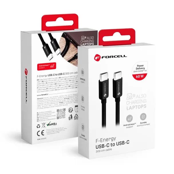 Forcell Cable USB C a USB C Forcell F-Energy QC4.0 PD 3A 60W 3m Negro — Nuevo