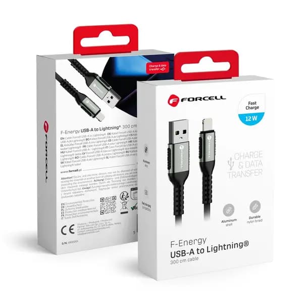 Forcell Cable USB A a Lightning Forcell 3m 2.4A 12W Cafule Negro C257 — Nuevo