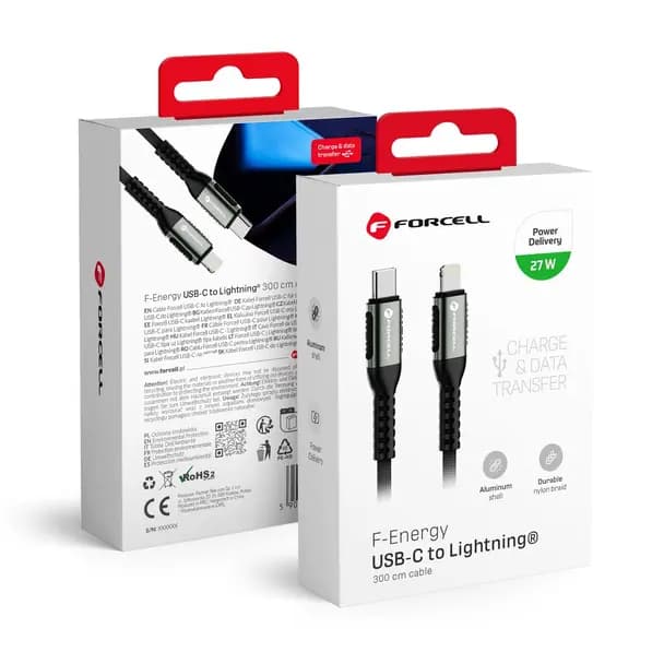 Forcell Cable USB C a Lightning Forcell 27W PD 3A Cafule 3m Negro — Nuevo